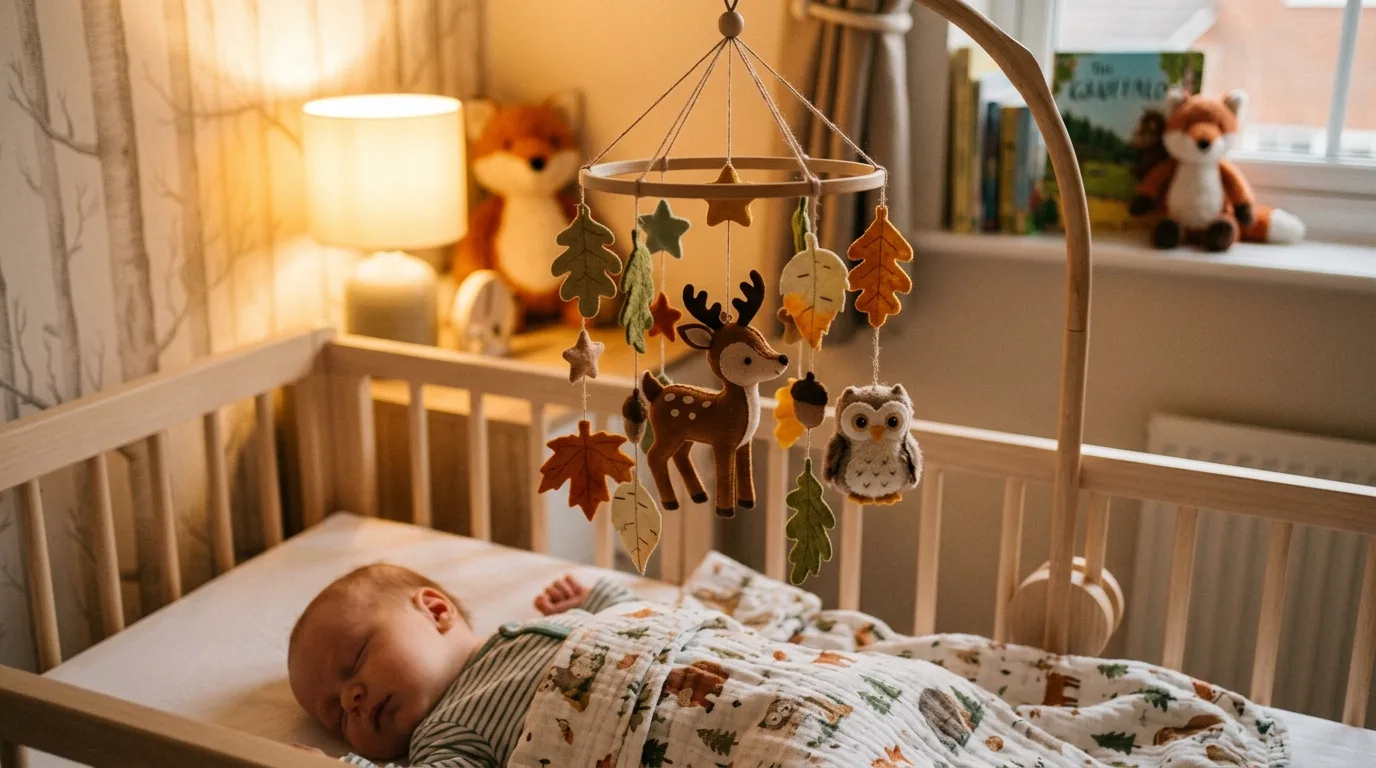 Wide angle view of a fully decorated woodland nursery with coordinated forest theme and warm inviting atmosphere